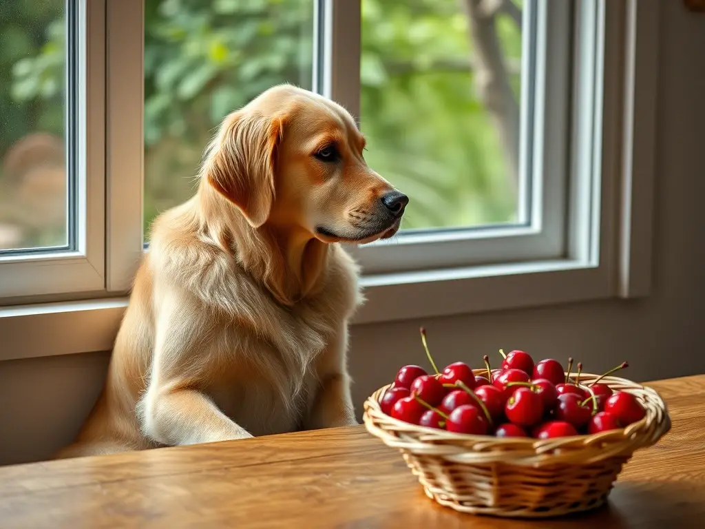 Foto realista de un labrador sentado mirando a frutos rojos