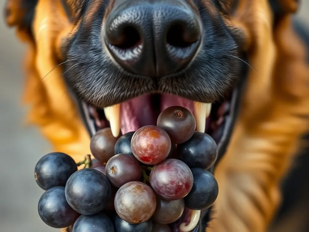 Un retrato hiperrealista de la boca de un perro pastor alemán masticando uvas negras e índigo