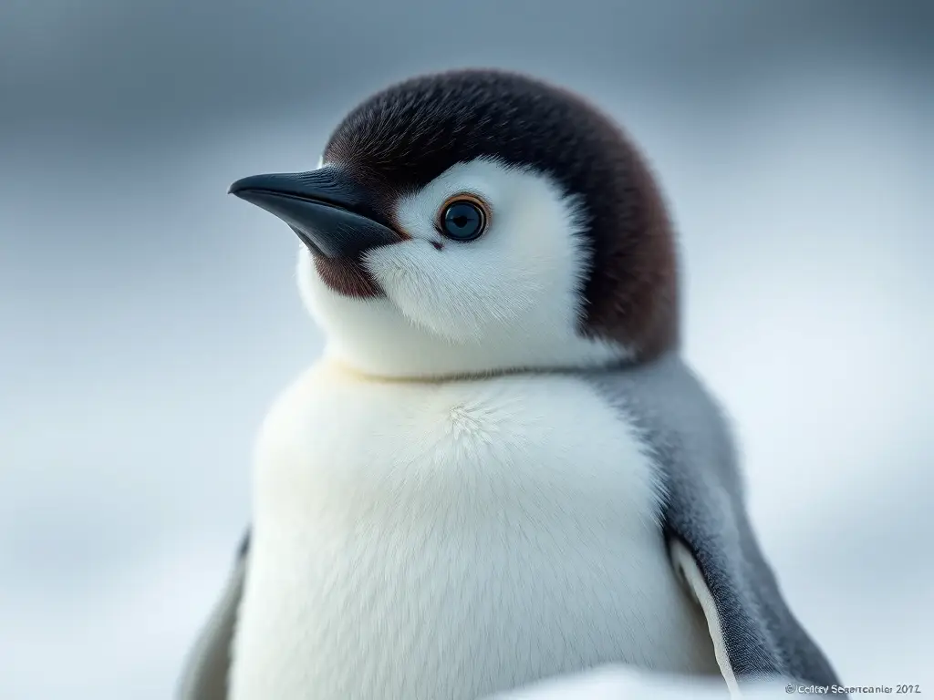 Foto realista de un pingüino emperador baby con plumaje blanco puro, en alta resolución