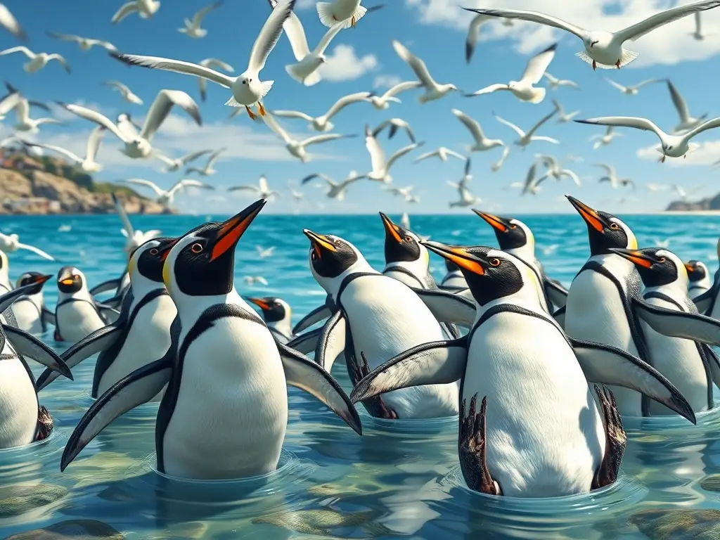 Ilustración de pinguinos humBOLDT en una bayay vibrante