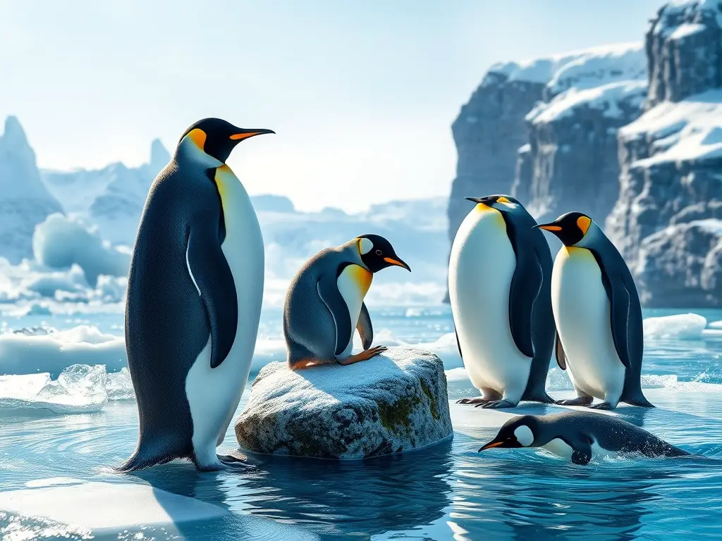 Portada fotorrealista de pingüinos antárticos diversos