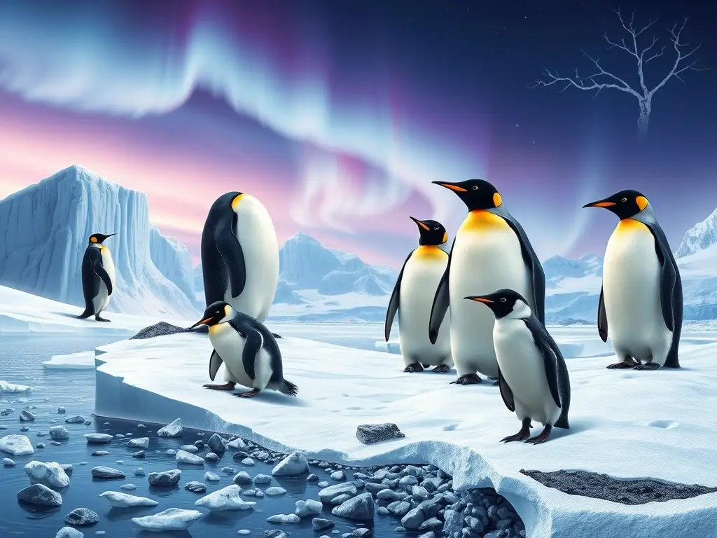 Ilustración de pingüinos antárticos en portada