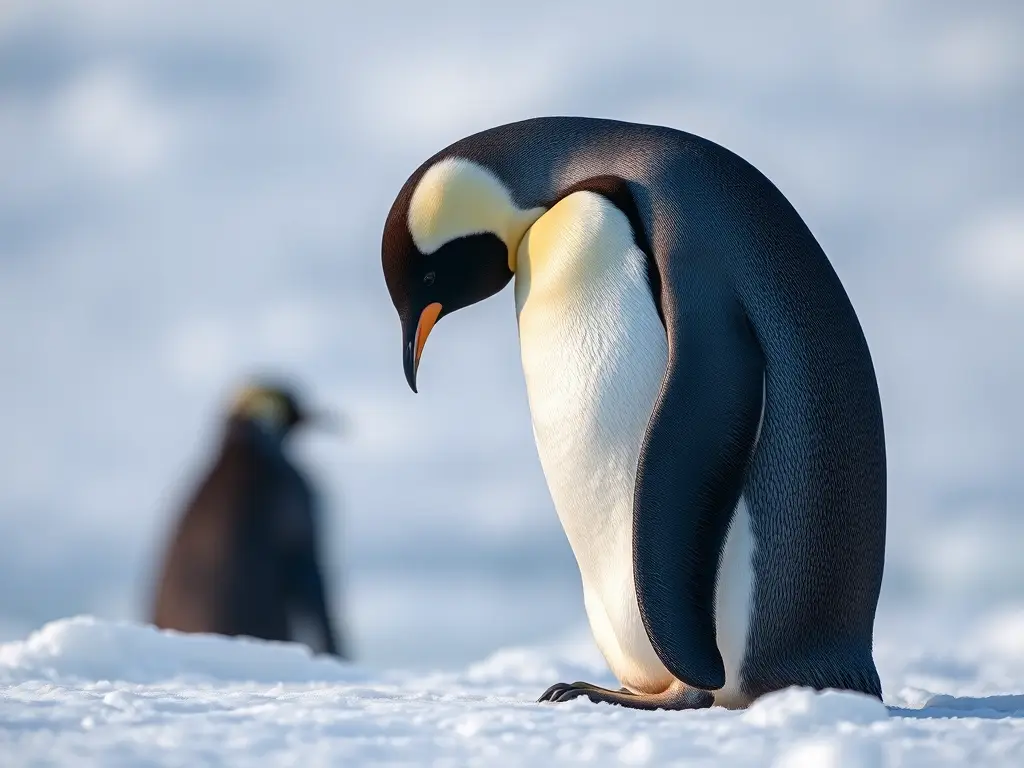 Imagen realística de un pingüino real observando una extensión de hielo