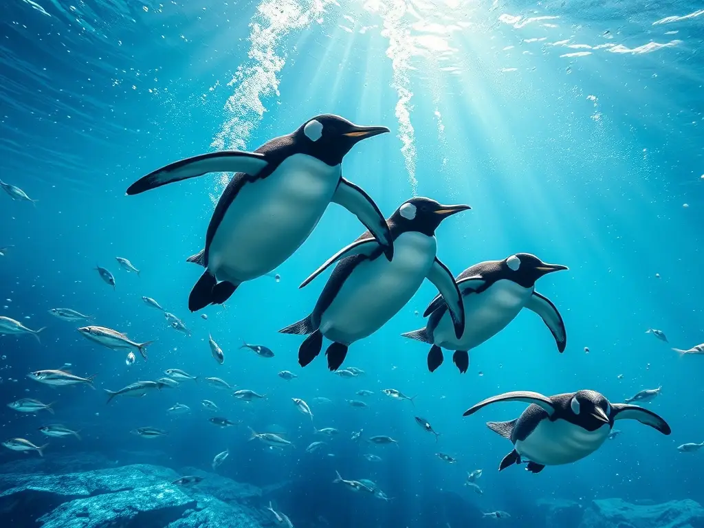 Pingüinos bucean en agua antártica cristalina