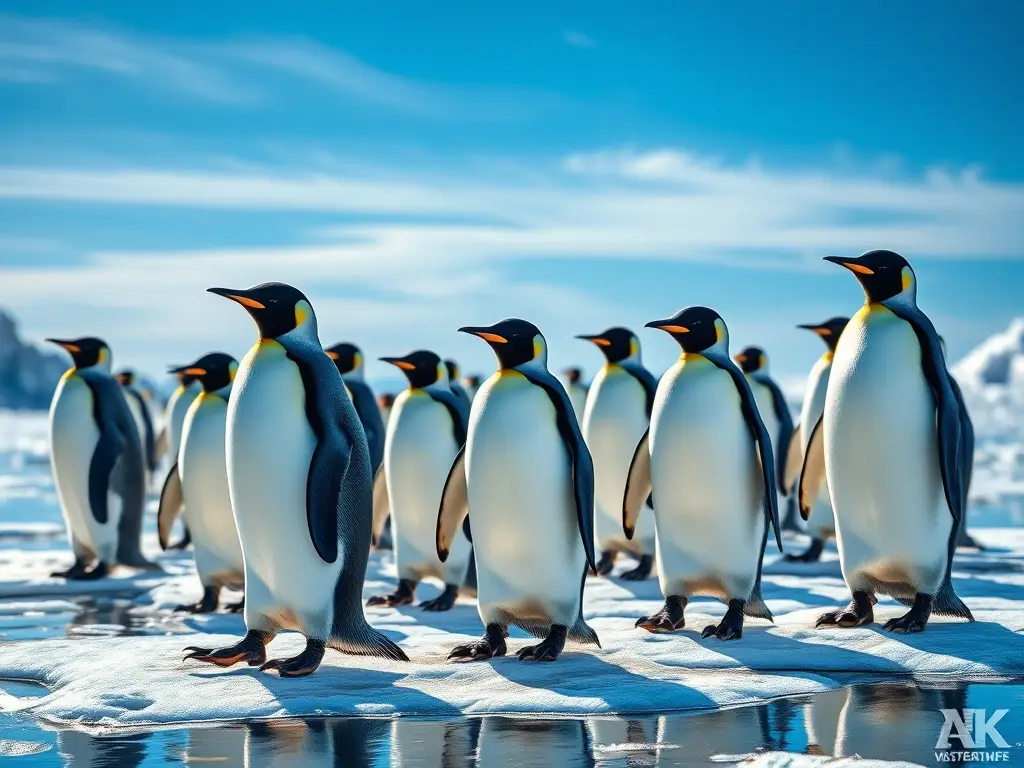 Imagen realista de pingüinos antárticos caminando sobre hielo