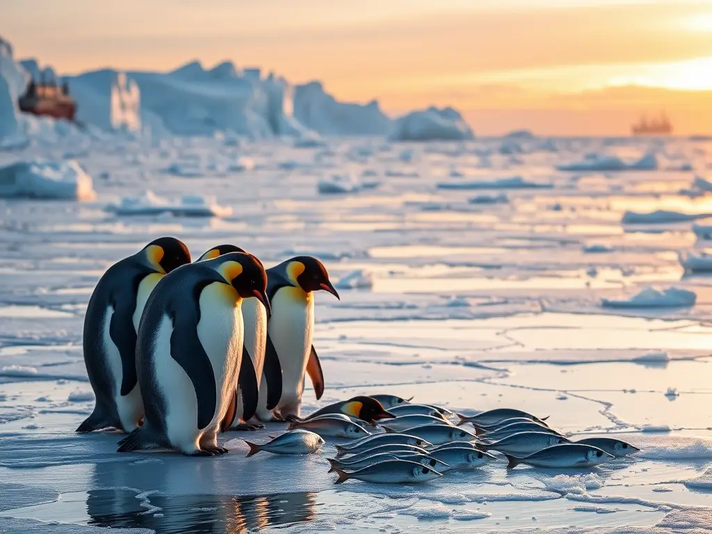 Pingüinos emperadores cazan peces bajo aurora