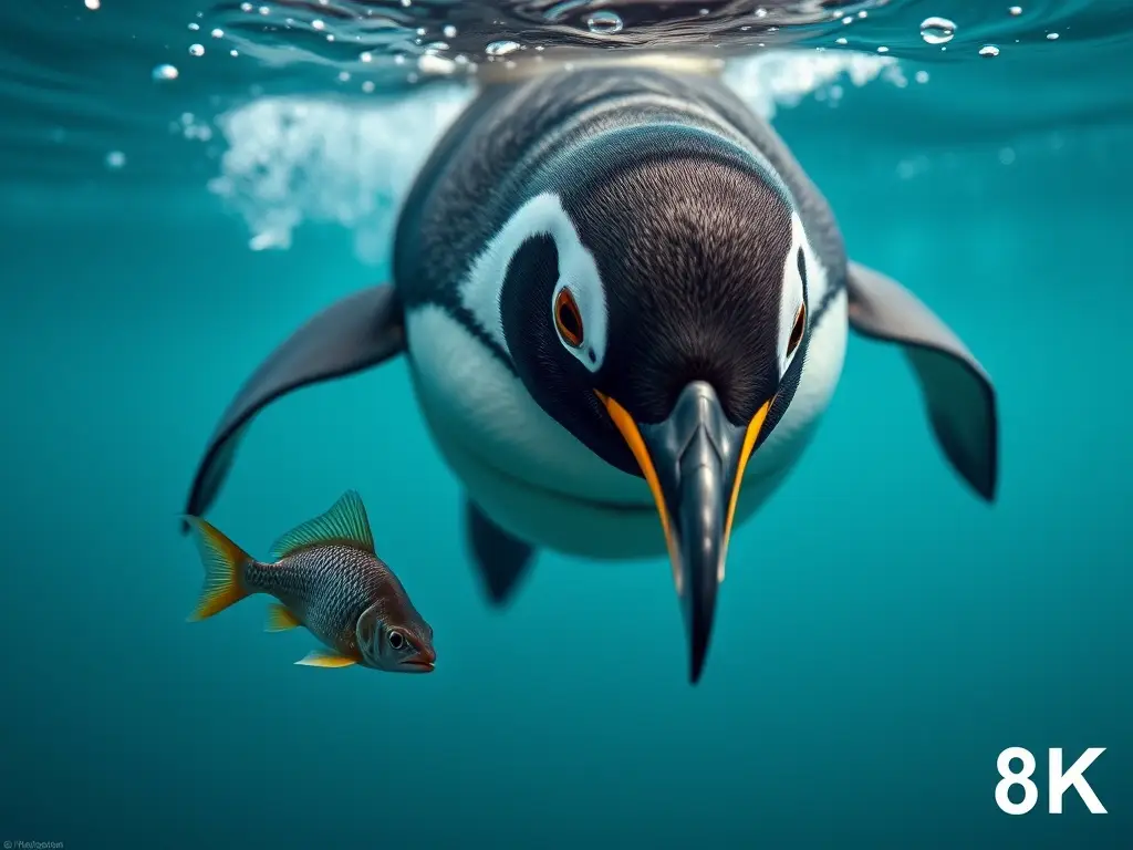 Fotografía realista de pinguino nadando y cazando peces