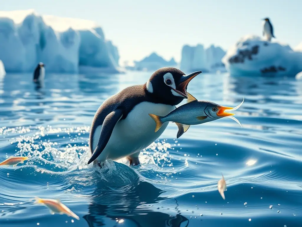 Pingüino joven salta y atrapa pez
