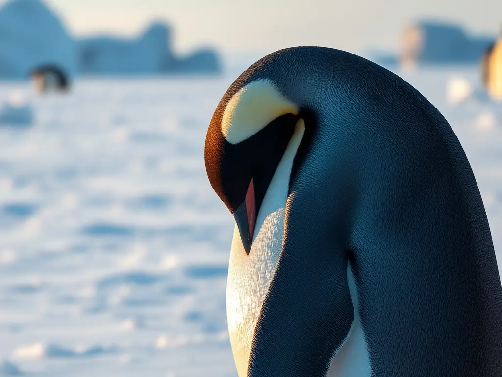 Pingüino emperador en muda, primer plano antártico