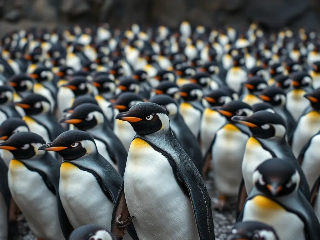 Fotorealistic de pingüinos con plumas, nitidez y falta de agua