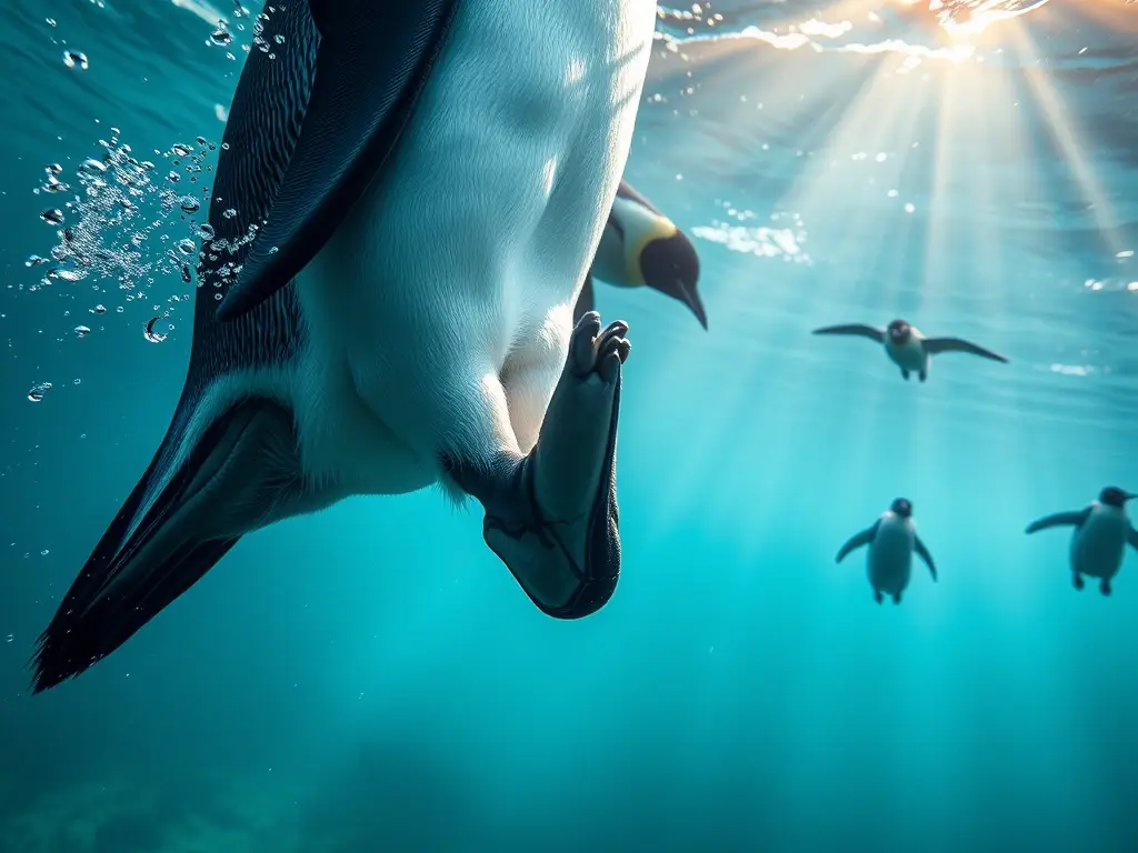 Pingüino emperador nadando, se muestra su rodilla