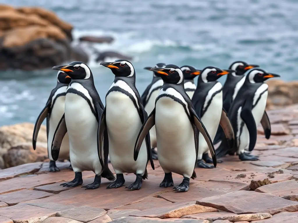 Un grupo de pingüinos africanos caminando en una costa rocosa