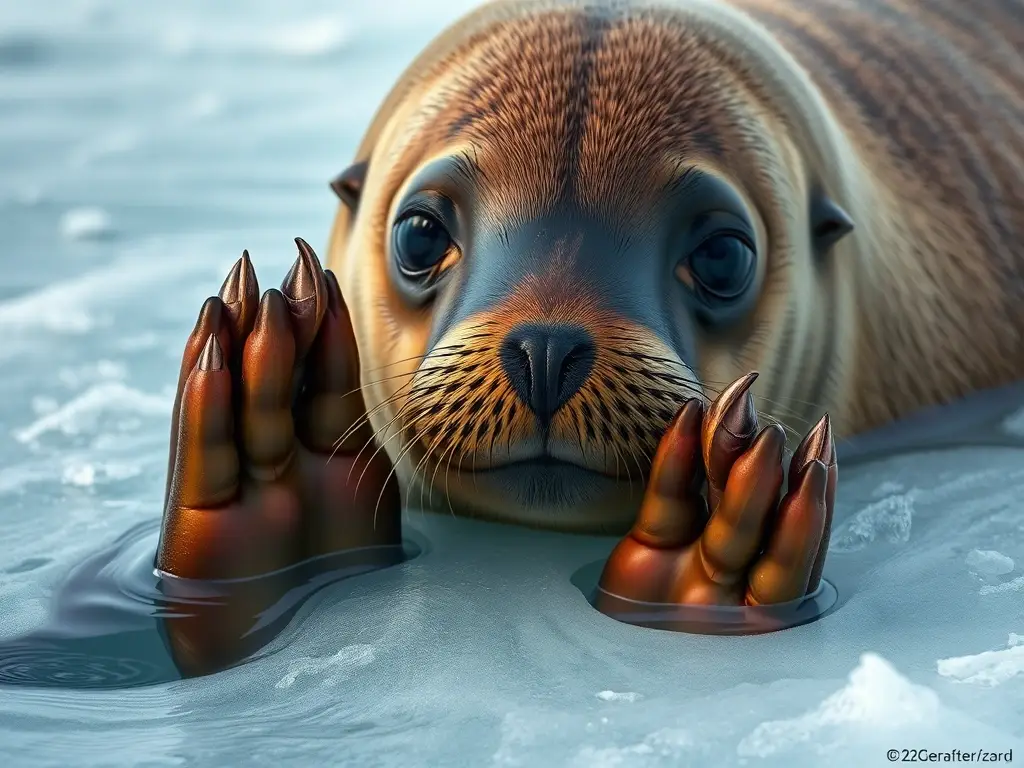 Un retrato realista de un león marino polaco en hielo, con alta definición