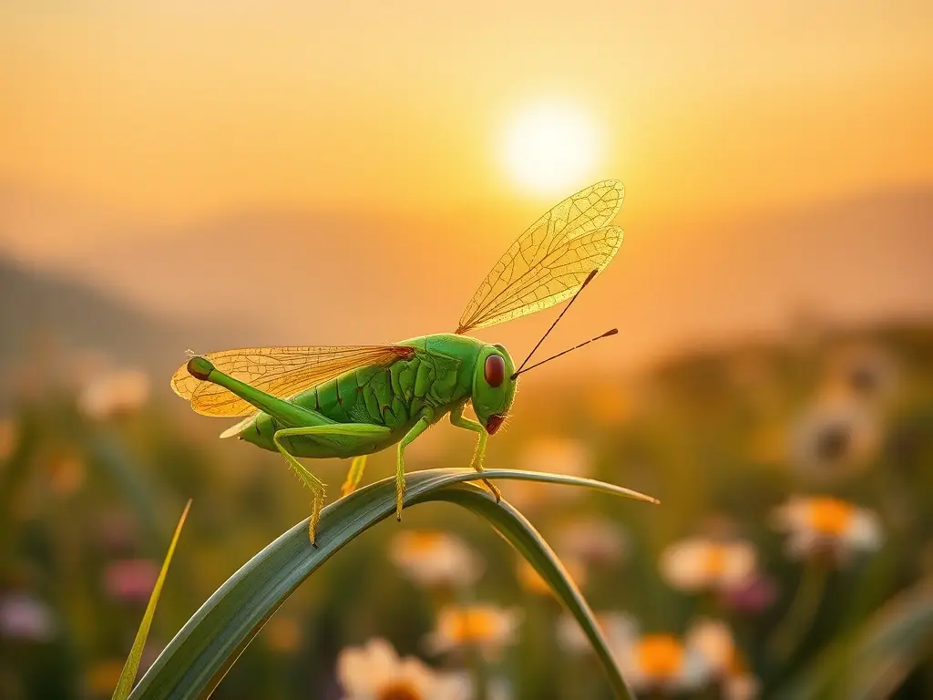 Saltamontes verde, detalle fotorealista al amanecer