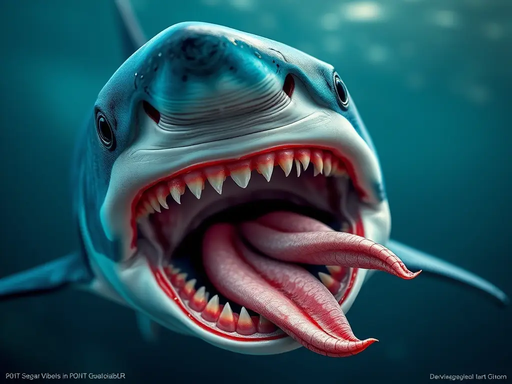 Foto de un tiburón con lengua, realismo, 8k