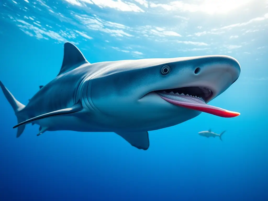 Composición de un tiburón ballena azul realista y detallado, en el mar azul