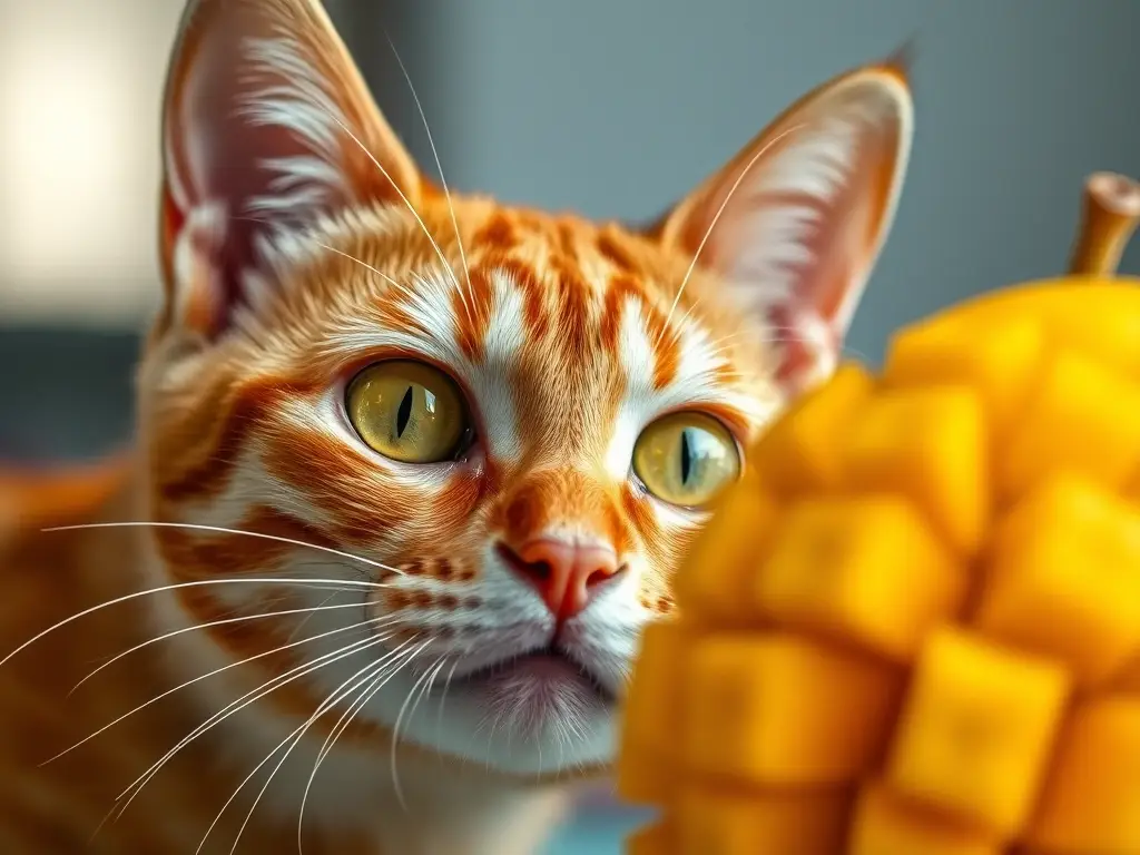 Fotografía realista de un gato man椅 y mango en foco