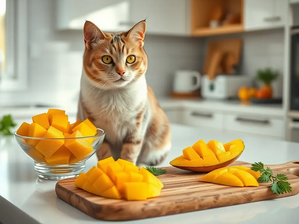 Gato en cocina observa mango en cuenco