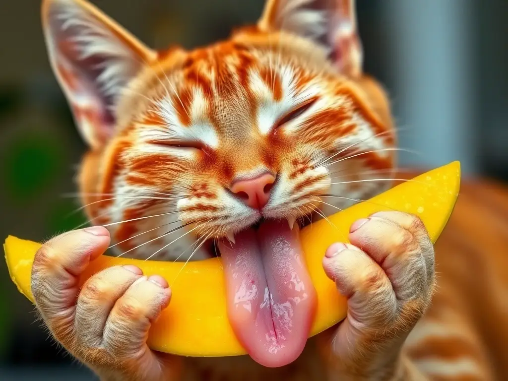 Un retrato de gato tabby persa mostrando su mordisco de mango