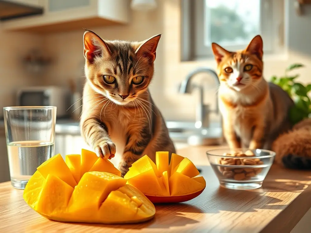 Gatos observan mango en cocina