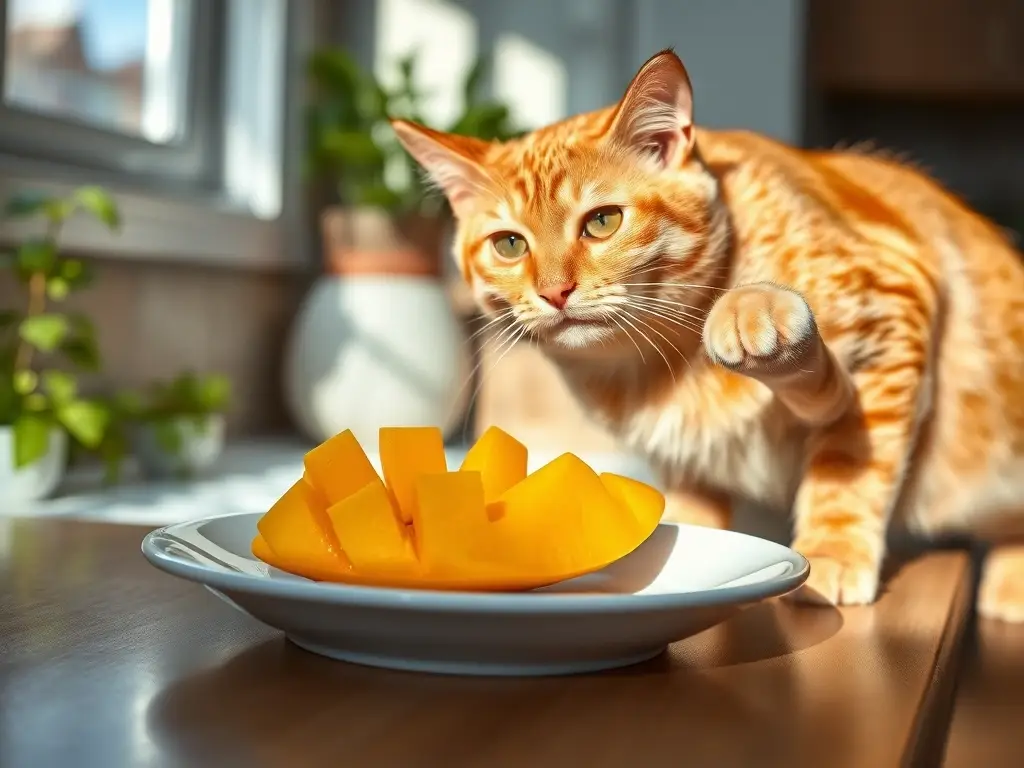 Gato naranja observa mango en encimera