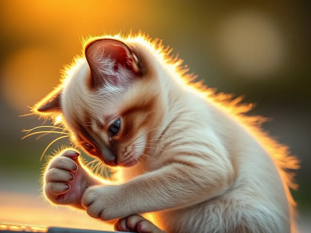 Foto de un gatito siamés con autocuidado, 8K, natural