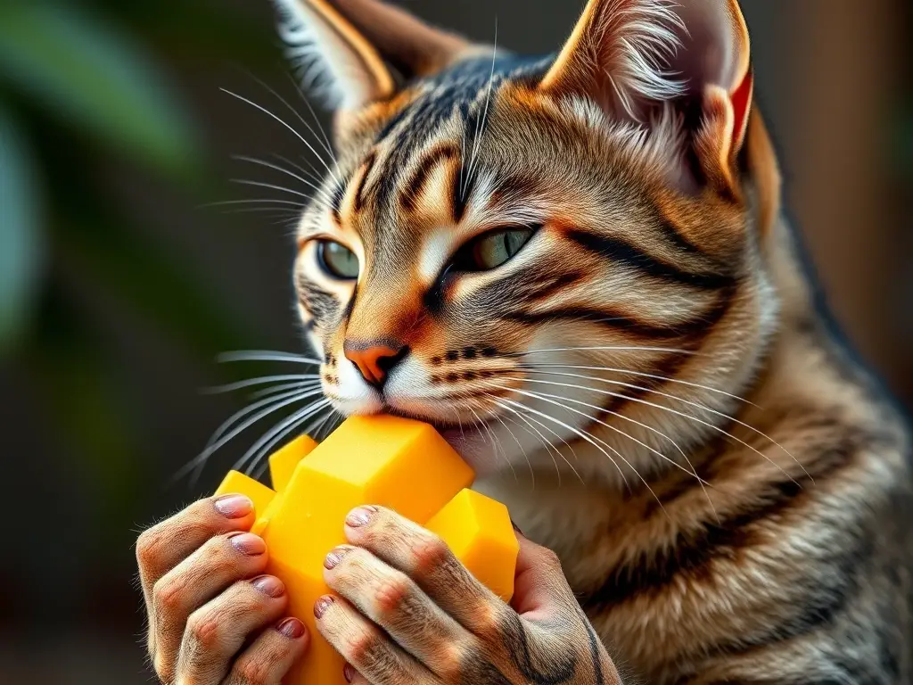 Fotografía realista de un gato tabby degustando un mango maduro