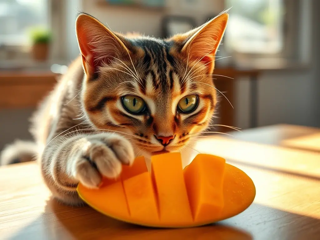 Gato curioso toca mango en mesa