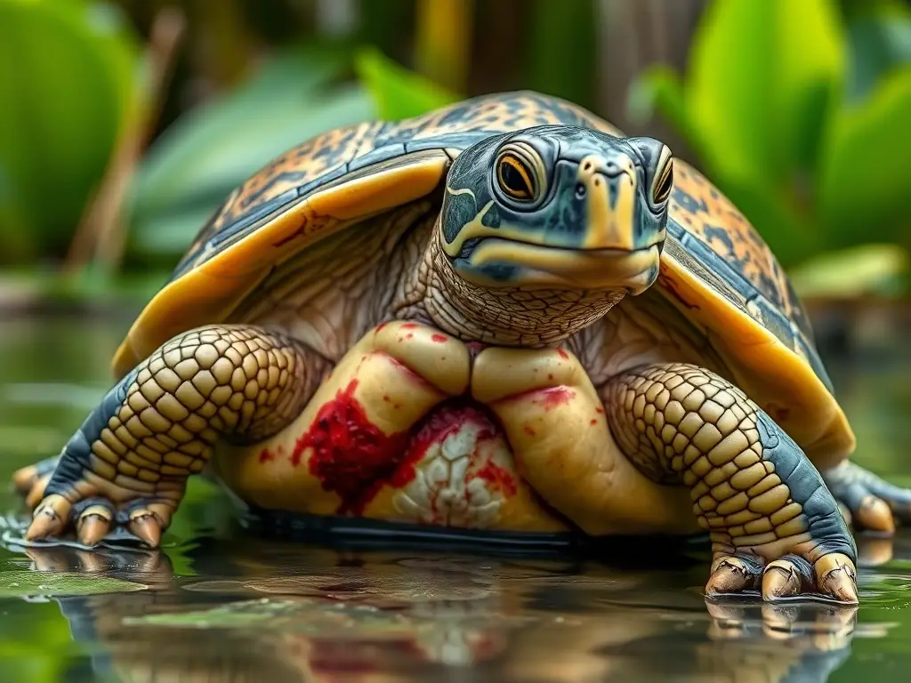 Fotografía realista de tortuga de agua dulce, herida en el pecho