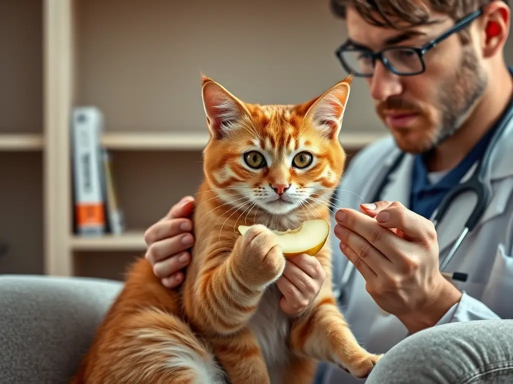 Una fotorealista de 8K con un gato mirando manzanas