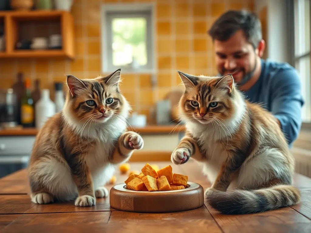 Fotografía realista de un hombre alimentando gatos domésticos en una cocina