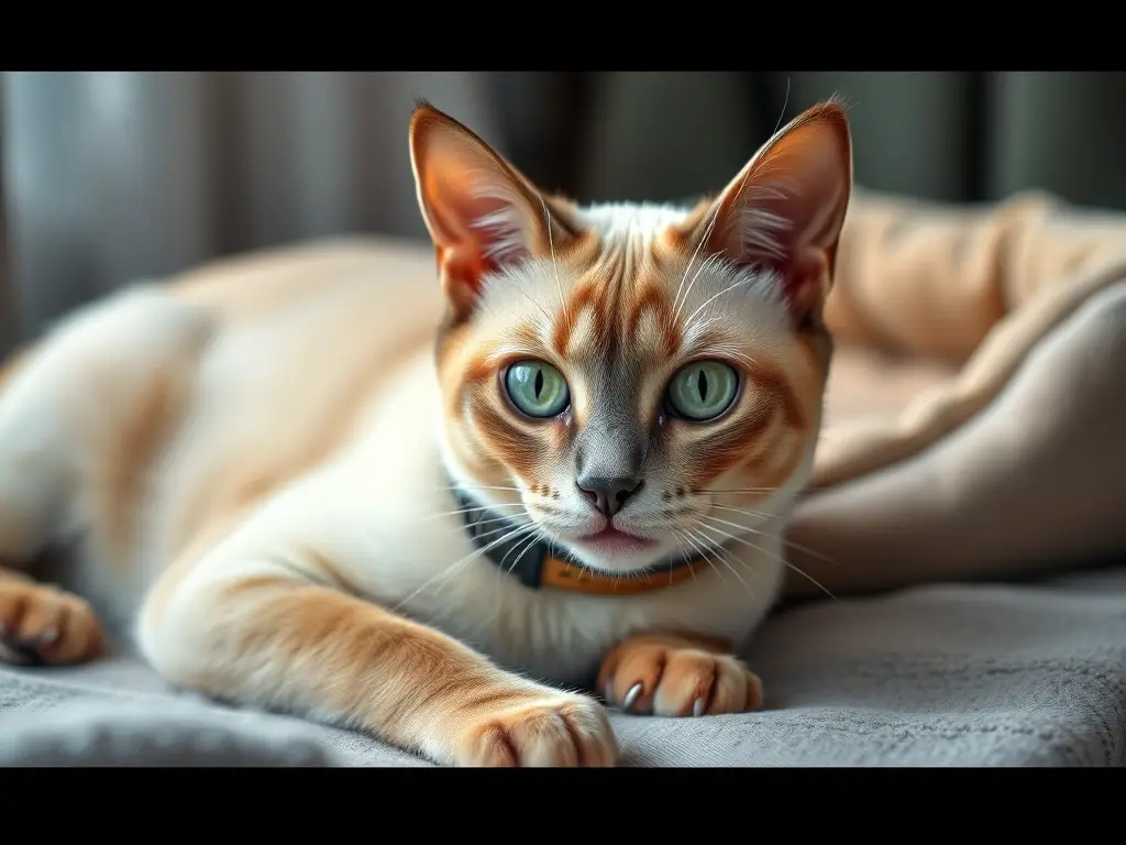 Imagen de gato de siamés realista con ojos verdes, collar y durmiendo en un cojín