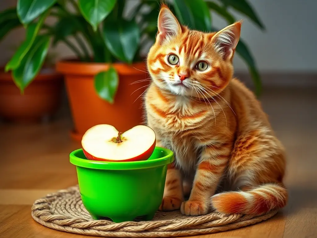 Un retrato realista de un gato jengibre juguetón con un trozo de manzana en una imagen de alta resolución