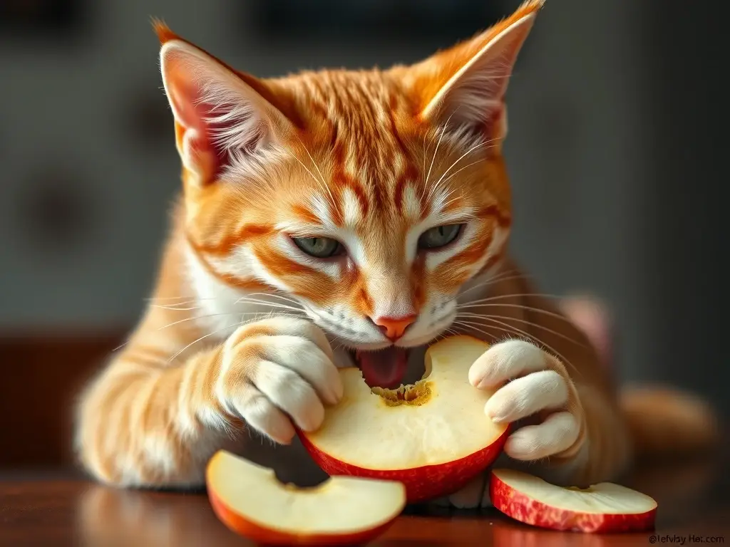 Foto real, gatito naranja comiendo manzana, enfoque nítido