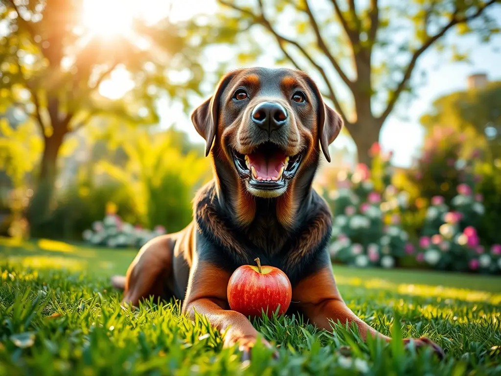Labrador feliz con manzana en césped