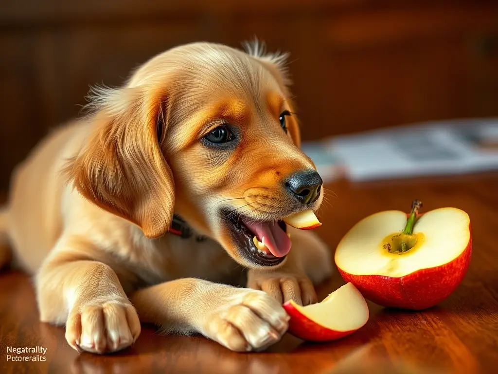 Foto realista de un cachorro golden retriever jugando con una manzana