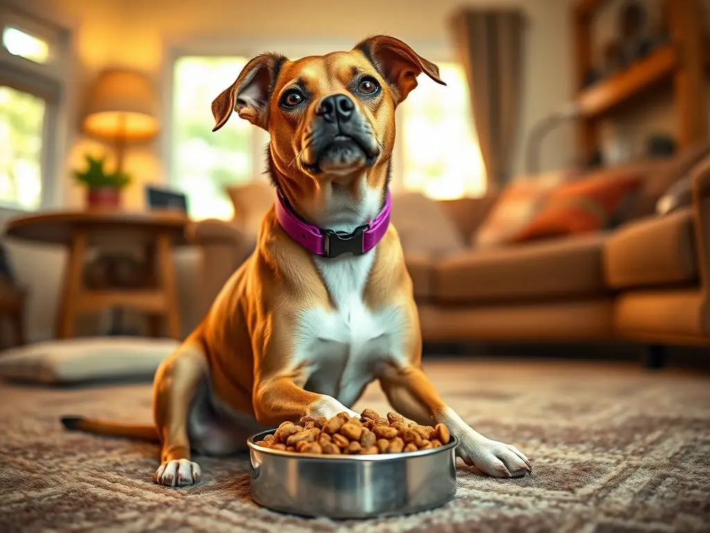 Foto realista de perro vacunado con collar morado