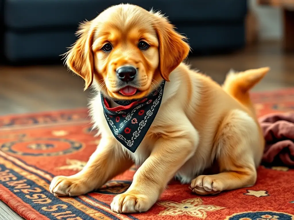 Un retrato realista de un cachorro de retriever dorado, con pañuelo, con detalles