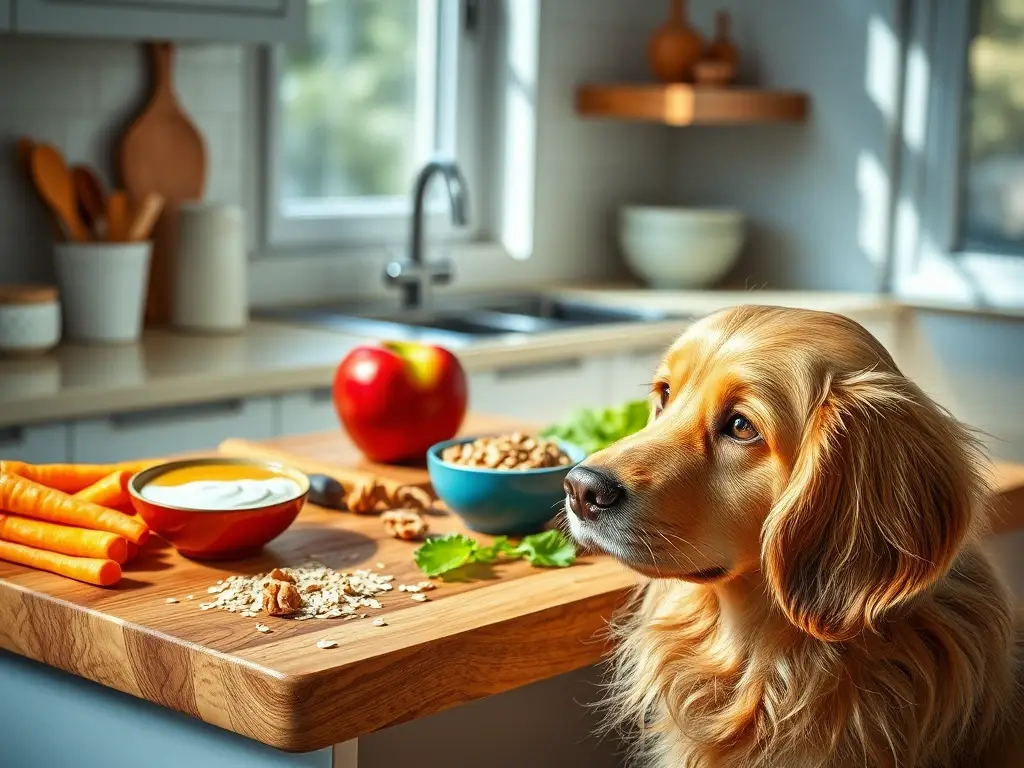 Cocina fotorrealista con manzana y perro