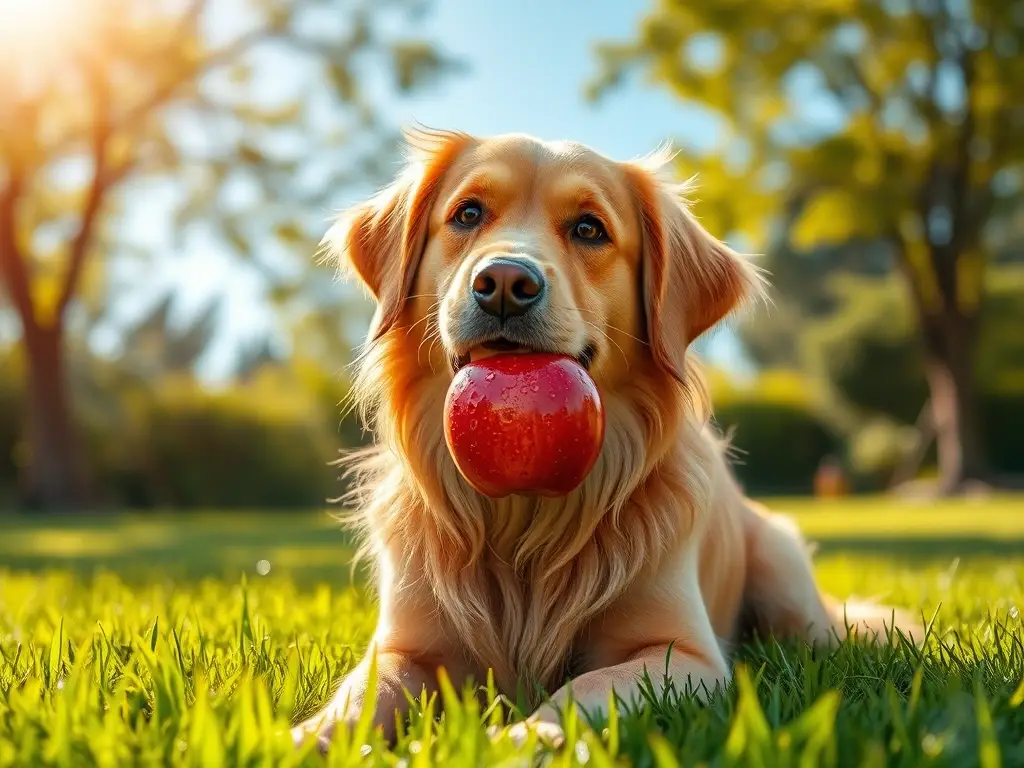 Perro feliz sostiene manzana roja en jardín