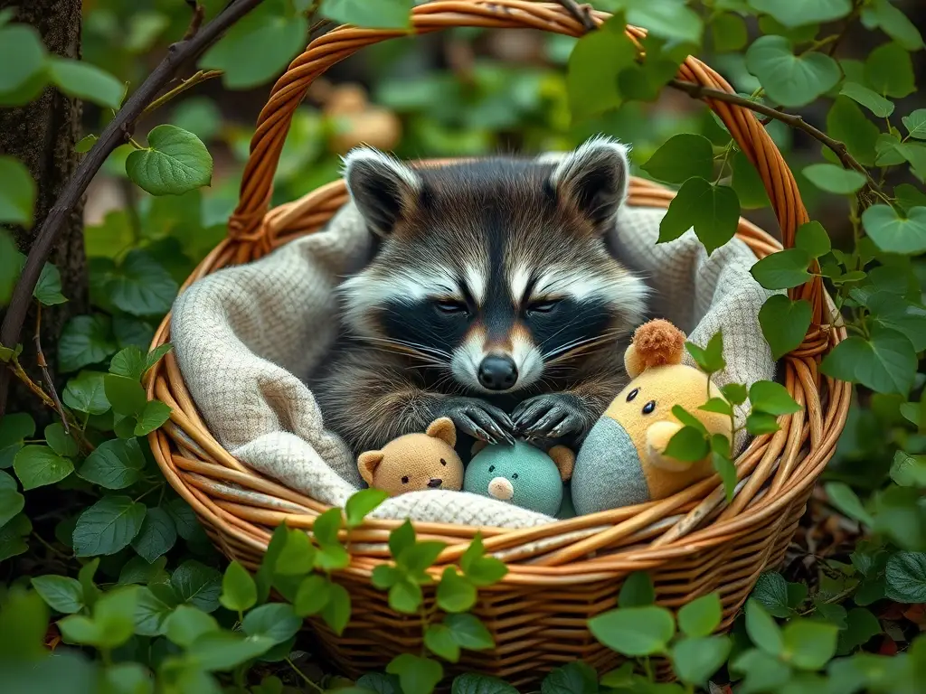 Un raccoon adorable en un cesto con objetos en un bosque