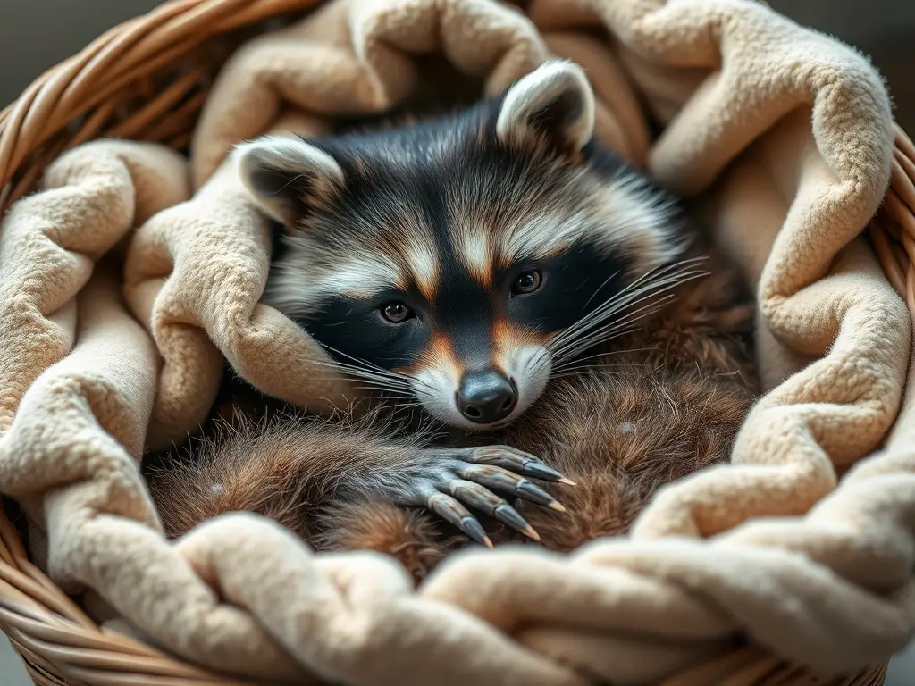 Un retrato realista de un mapache en una cesta de mantas