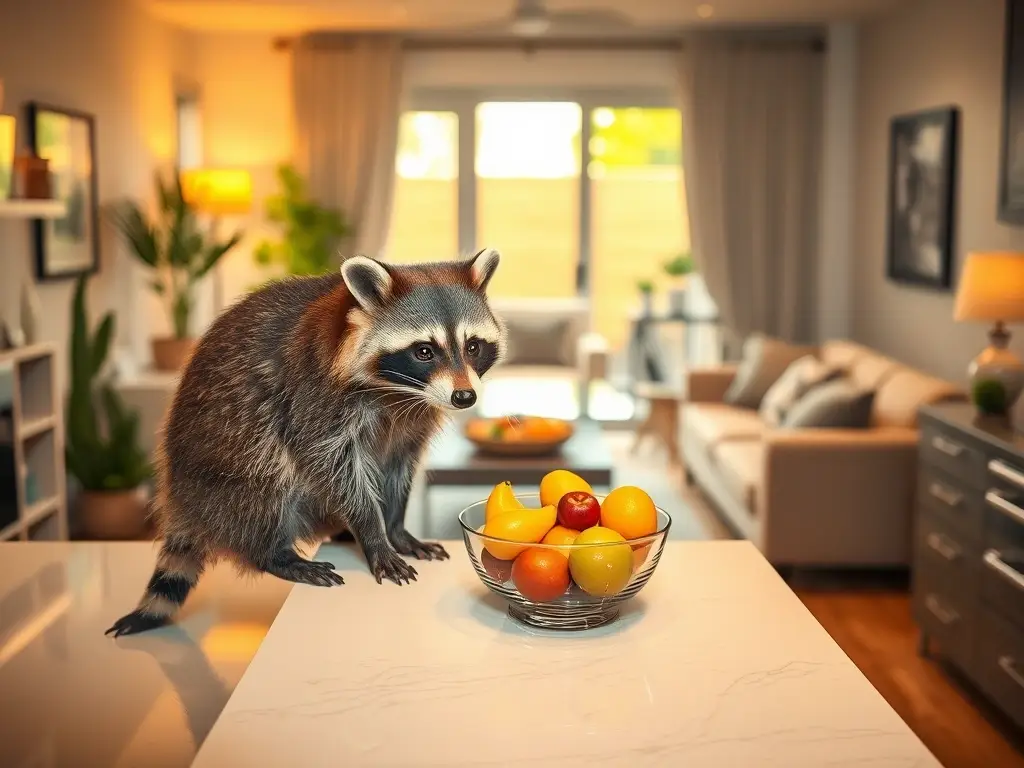 Mapache curioso observa fruta en cocina moderna