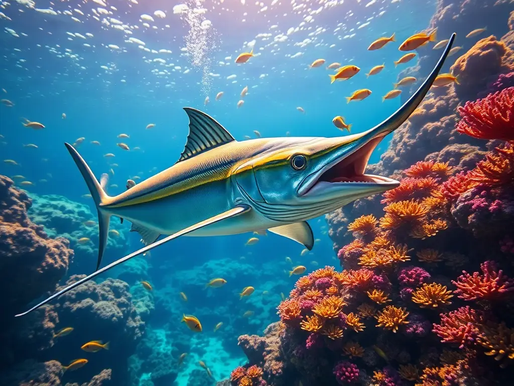 Foto realística de barracudas en coral, con peces coloridos