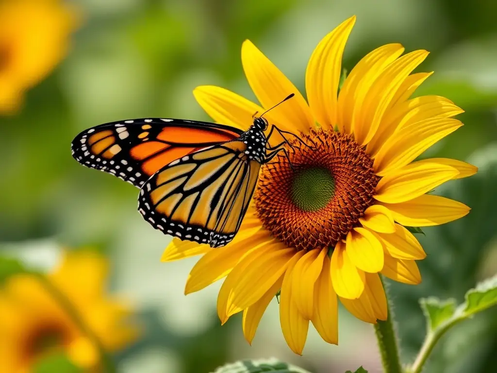 Fotorealista, mariposa monarca comiendo girasol