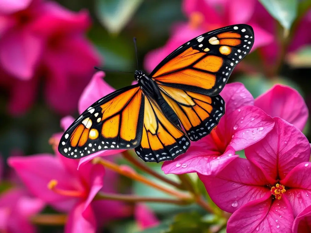 Foto realista de mariposa monarca en flor de bouGAINVILLEA
