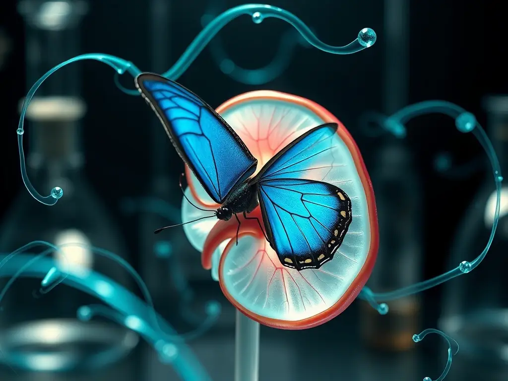 Mariposa azul sobre riñón con moléculas