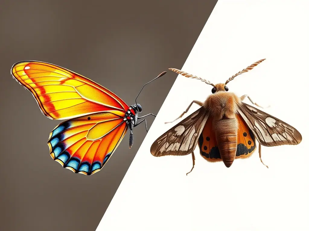 Mariposa vibrante y polilla detallada, pantalla dividida