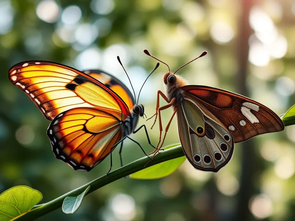 Mariposa y polilla hiperrealistas sobre rama