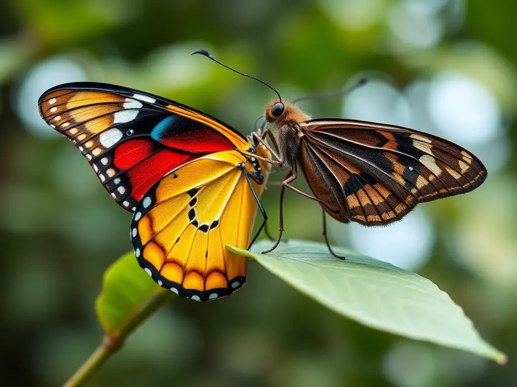 Mariposa vibrante y polilla nocturna sobre hoja